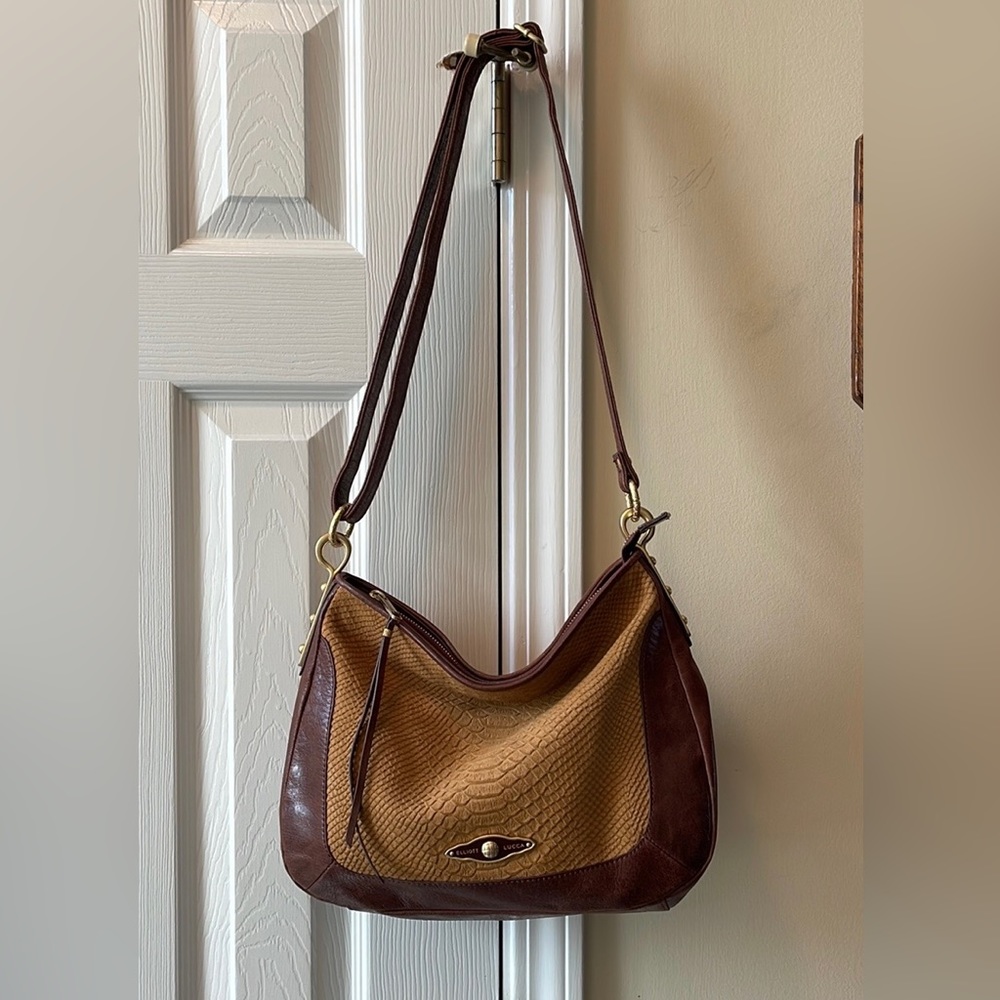 Elliott Lucca Snakeskin Textured Leather and Suede Shoulder Bag